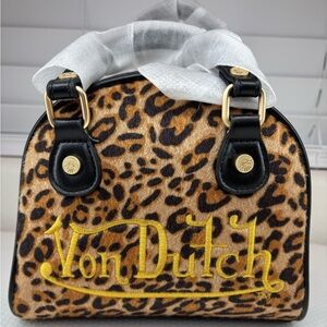 Von Dutch Leopard Vegan Pony Hair
Bowling Bag with Gold Accents